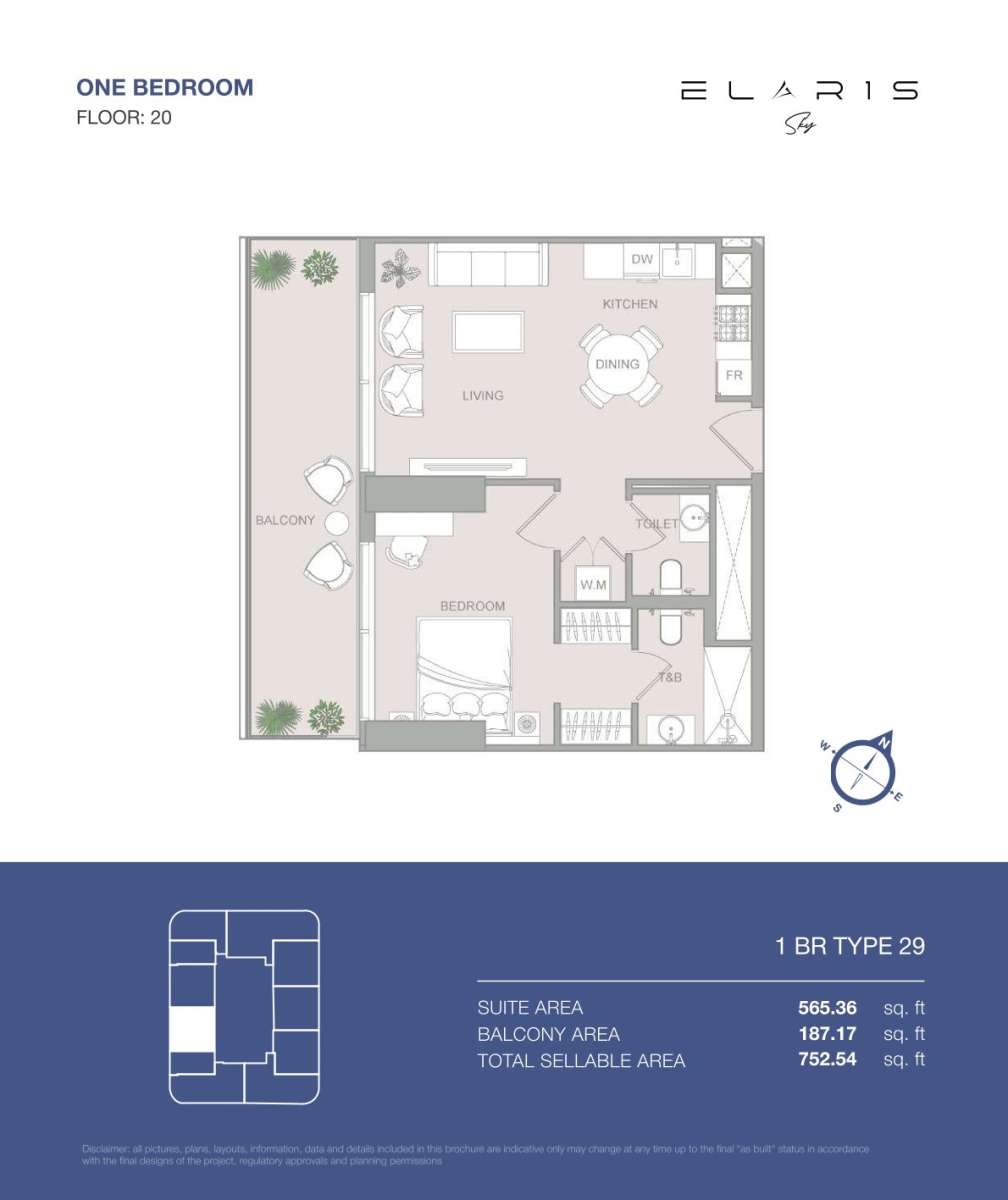 1BR-Type 29 -Elaris Sky offers 1-bedroom apartments in JVT District 3, Jumeirah Village Triangle, Dubai.